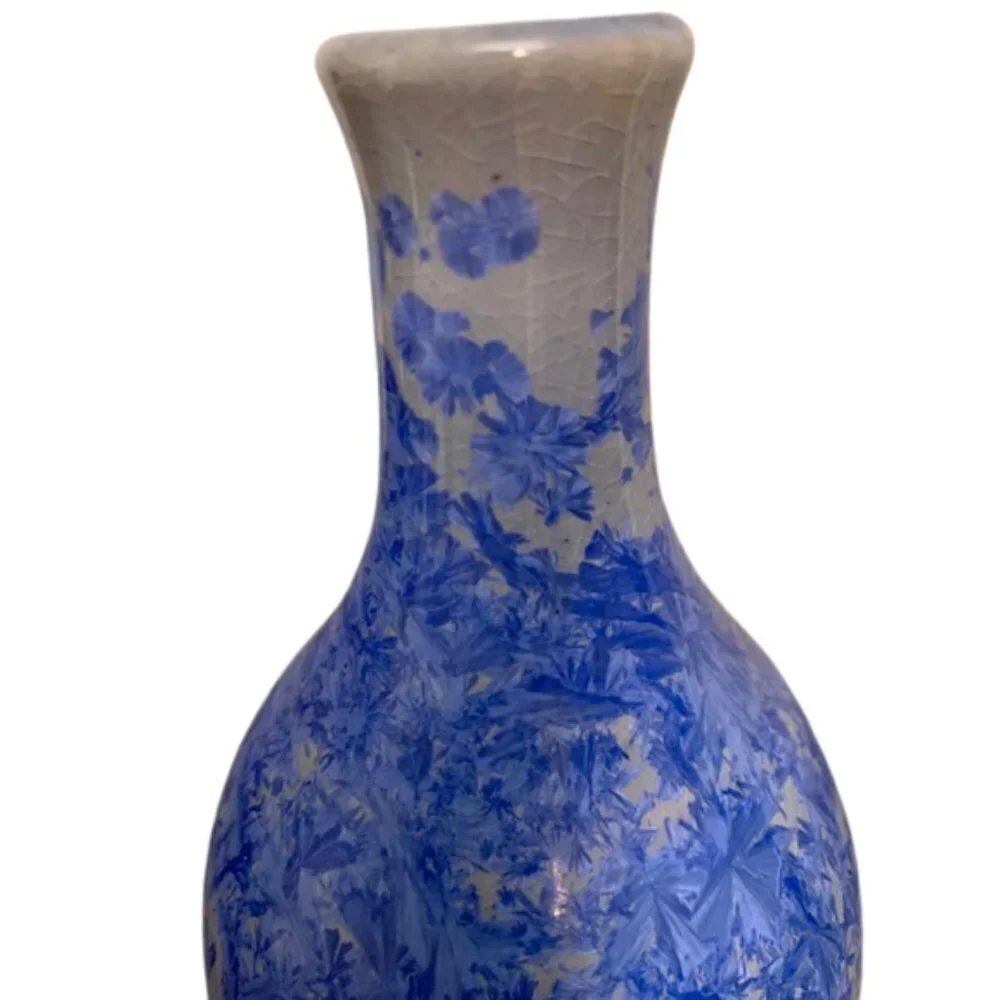 Vintage Handmade Signed Blue White Crystalline Teardrop Vase 8